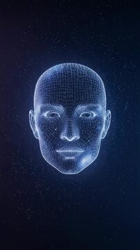 Digital Head Evoking Consciousness. Glowing Crystalline Figure Representing Virtual Consciousness Emerging. Floating Luminous Entities Form Artificial Intelligent Holographic Face
