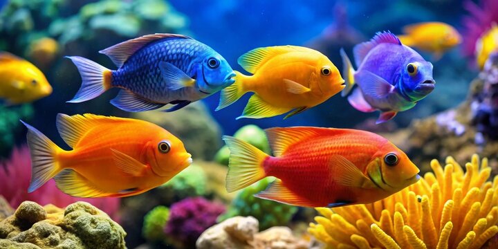 A vibrant school of tropical fish swims through a colorful coral reef environment teeming with life and brilliant aquatic hues