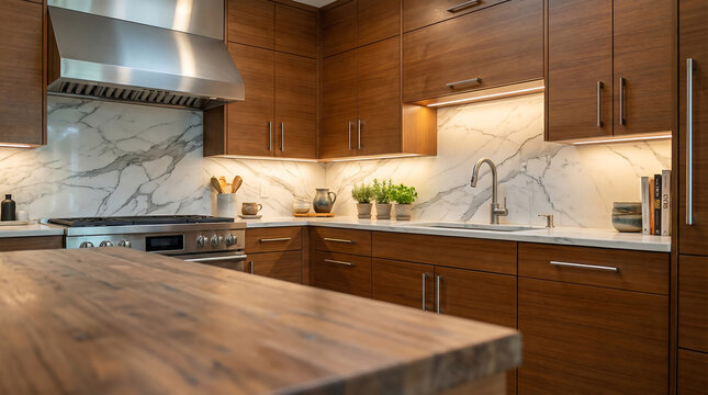 Modern kitchen interior with dark wood cabinets and marble backsplash for home decor website