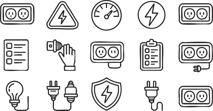Electrical Energy Icons Featuring Voltage Meter and Safety Symbols