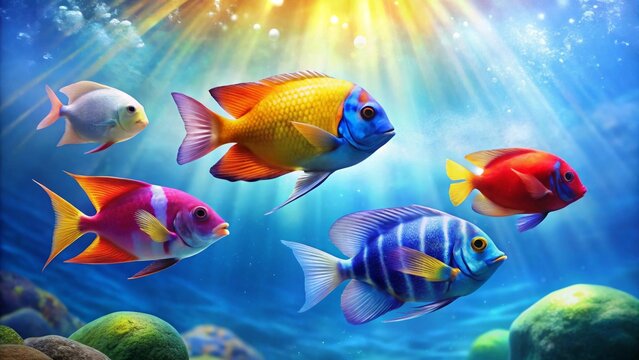 Vibrant aquatic life with colorful, diverse swimmers gliding gracefully through sunlit, clear blue waters revealing underwater flora and fauna