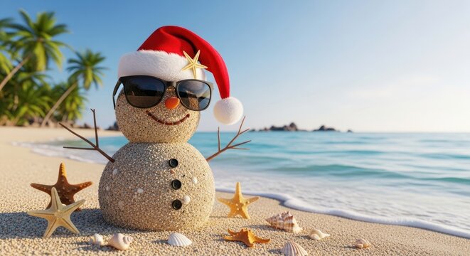 Festive Beach Holiday - Sandman with Santa Hat and Sunglasses.