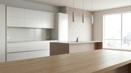 Fototapeta premium Empty wooden kitchen island top in blurred modern white interior for product display mockup.