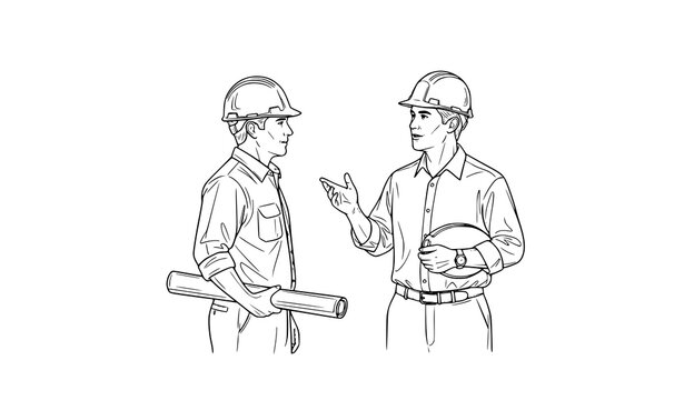 Construction worker and architect talking hand drawn line art with helmet business communication vector illustration