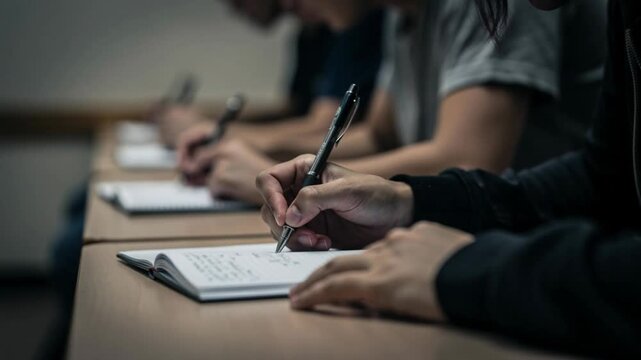 Students in Row Writing Exam in Notebooks with Pen Close up