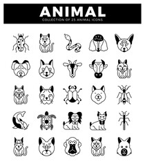 Fototapeta premium 25 minimalist line art animal icons on a white background. black and white collection.