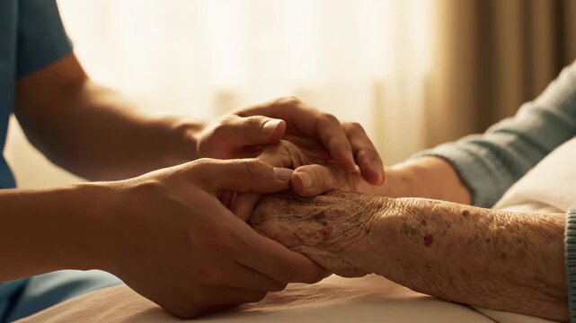 Close up of caregiver comforting elderly patient by holding hands