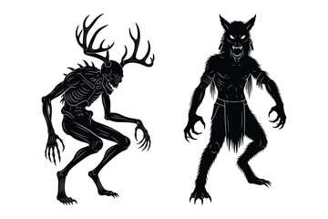 Fototapeta premium Two scary silhouette monsters, one with antlers and one with wolf-like features