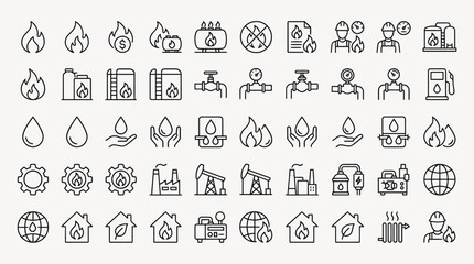 Set of 30 outline icons related to natural gas. Linear icon collection. Editable stroke. Vector illustration  © Asma 