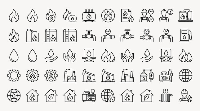Set of 30 outline icons related to natural gas. Linear icon collection. Editable stroke. Vector illustration

