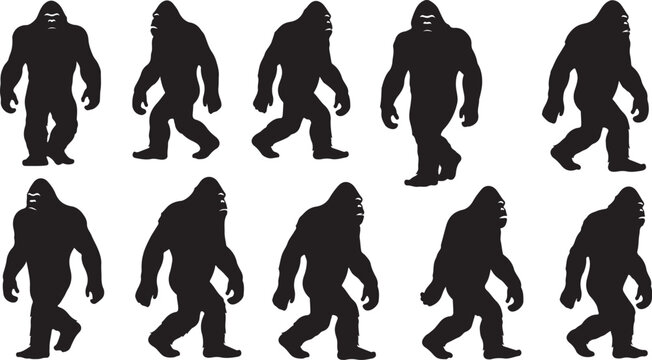 Bigfoot silhouettes in various walking poses vector