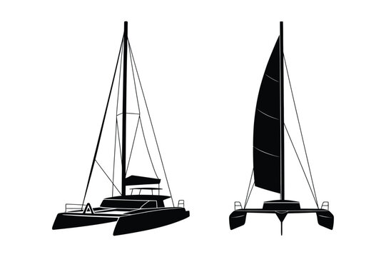 Modern catamaran sailboat: front and side views of twin hull vessel