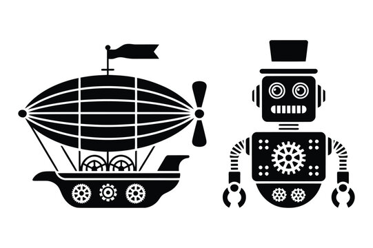 Steampunk fantasy elements: airship blimp and robot character with top hat