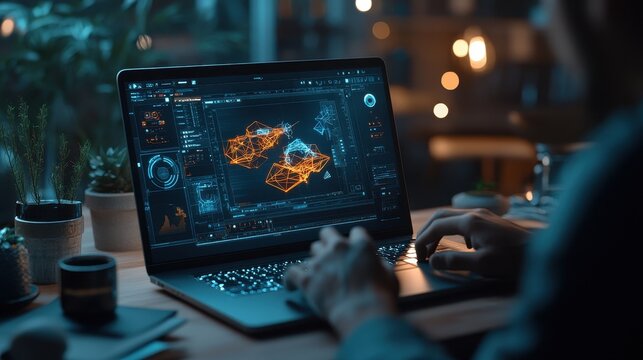 A person works on 3D modeling and data visualization software on a laptop in a dimly lit room with a cozy atmosphere.