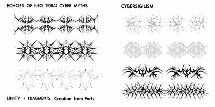 Abstract black and white designs resembling tribal or cybernetic patterns