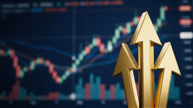 A close-up shot of three gold arrows in front of a stock market display.