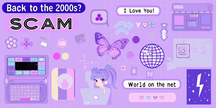 Aesthetic collage featuring 2000s technology butterflies and playful graphics