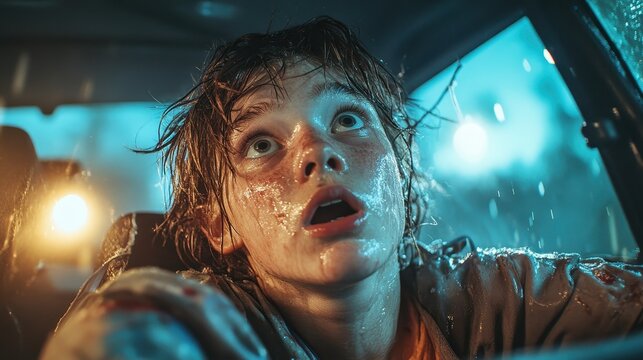 A terrified person with wet hair looks up in shock while sitting inside a vehicle, illuminated by dramatic lighting and raindrops on the window.