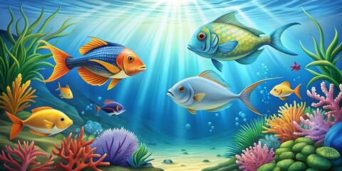 Obraz premium Vibrant underwater scene with colorful finned creatures swimming gracefully amongst lush marine flora and diverse coral formations