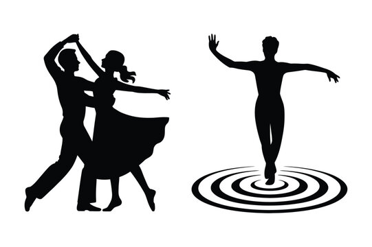 Silhouettes of dancing couple and solo dancer with graceful poses and movement