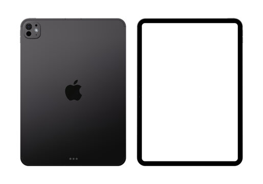 Photorealistic detailed Apple iPad Pro M5 13 inches 2025 Space black mockup. Real dimentions. Front and rear view isolated on transparent background. Vector editorial PNG