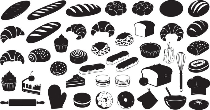 Bakery icons and baking tools illustration set