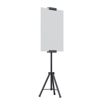 Standing banner tripod display, blank grey board on black adjustable stand, perspective view, isolated on transparent background, for exhibition or retail marketing mockups.