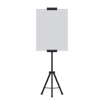 Standing banner tripod display, blank grey board on black adjustable stand, centered front view, isolated on transparent background, for exhibition or retail marketing mockups.