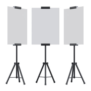Standing banner tripod display, three blank grey boards on black adjustable stands, front and side angles, isolated on transparent background, for exhibition and retail branding mockups.