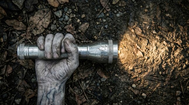 Zombie hand clutching a flashlight on forest floor, casting eerie light on fallen leaves, creating a mysterious and haunting atmosphere