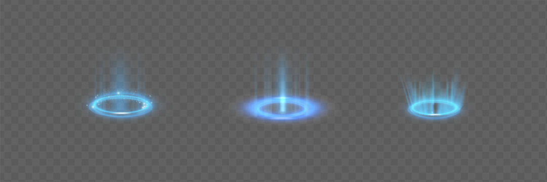 Circular portals, teleport, hologram gadget. Futuristic teleport. Projector HUD or podium for magic circle teleportation. Set of circle holograms.Empty podium light effect.