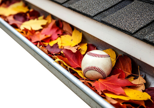 Baseball resting in autumn leaves inside a gutter system