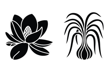 Fototapeta premium Black flower and bulb silhouette vector illustration set with silhouette