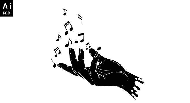 A hand releasing musical notes into the air.