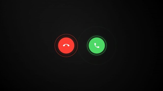 Call buttons green accept and red decline icons display on a dark digital phone interface for communication high quality motion graphics created via programmatic creative coding