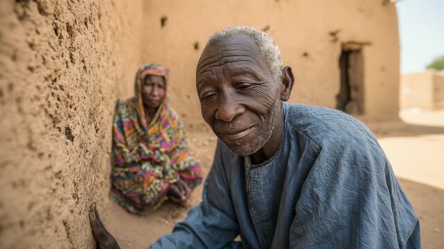 Portrait of a weathered African man, gently leaning against a traditional mud wall, with a veiled woman subtly in background. Represents resilience, age, and cultural heritage.