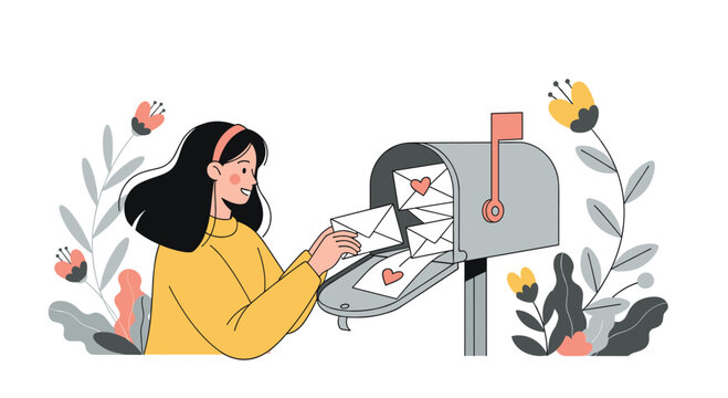 Smiling young woman places several love letters with red hearts into a mailbox surrounded by tall garden flowers.