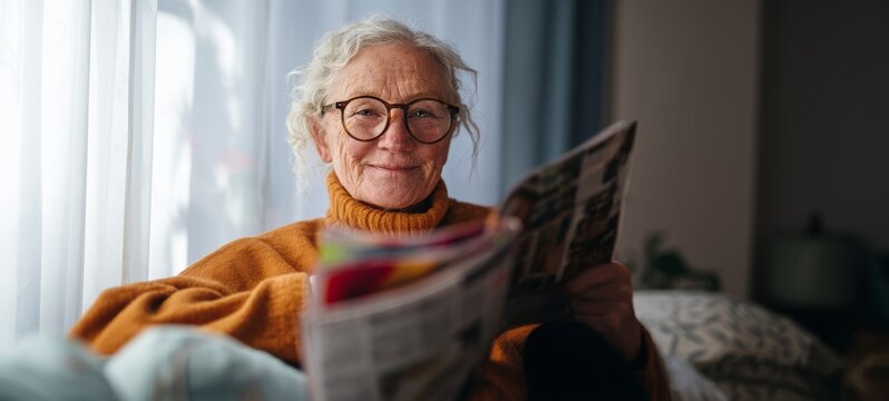 Elderly Woman Reading Newspaper at Home