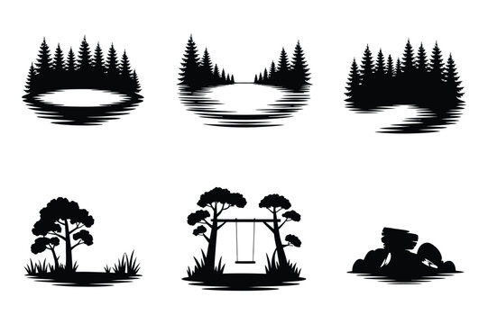 Collection of black silhouette nature scenes with lakes trees and swings