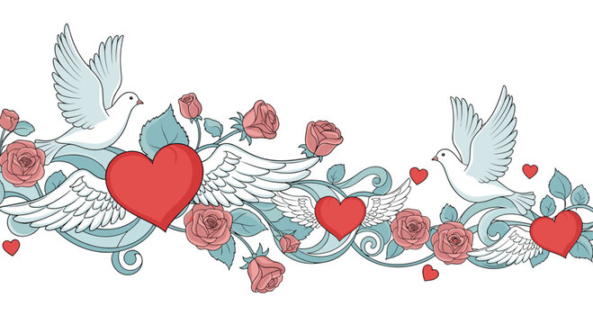 Elegant decorative border featuring white doves, red hearts with wings, and pink roses on a scrolling background.