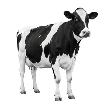 Full body view of a black and white holstein cow isolated on a transparent background