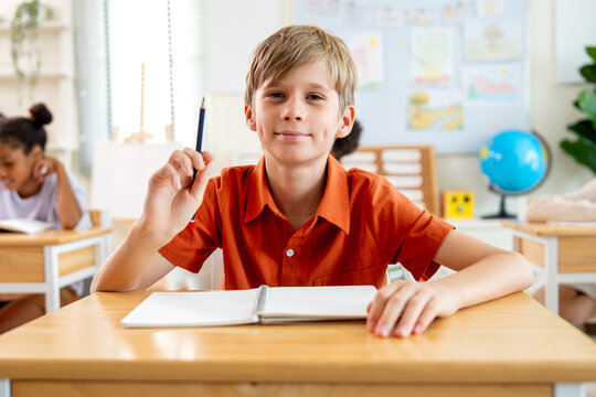 Portrait of mix-raced boy with blond hair hold a pencil and look at camera with little smile during he study in the classroom.