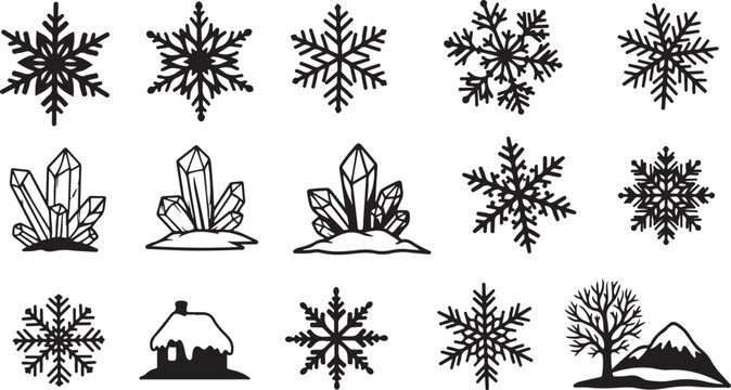 Winter icons set with snowflakes and crystal graphics elements