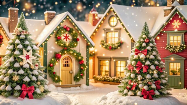  A small playhouse, decorated at night with lights and a Christmas theme, can be used as a backdrop for presentations or books