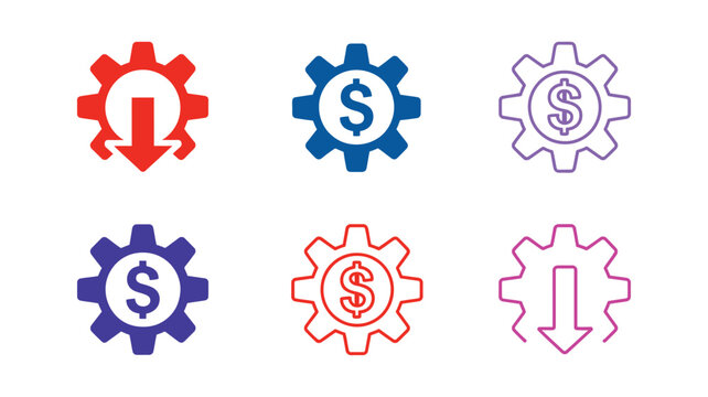 Reduced maintenance cost icon set, savings and efficiency symbols, lower expenses concept, service and repair optimization icons, financial planning and budget control theme