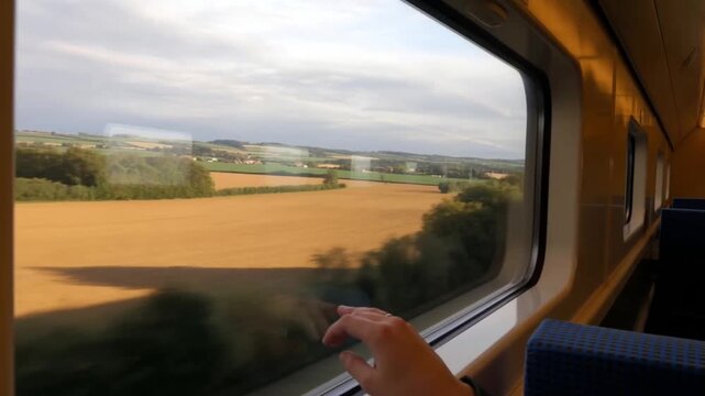 Pov from a train compartment window watching a landscape drift smoothly, with light glints and a reflection of cozy interior on the glass, concept of meditative travel