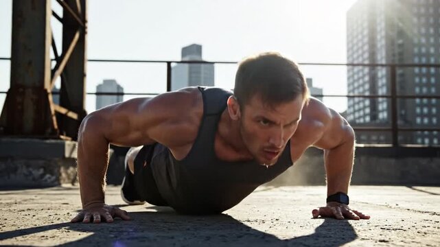 Man Doing Push-Ups Outdoors in the City for Fitness and Health.