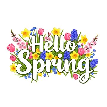 Vibrant watercolor floral wreath with hello spring handwritten script in pastel colors