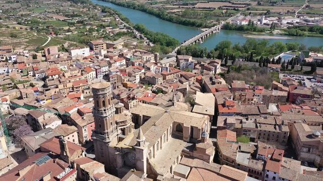 Aerial cityscape of Tudela with view of Ebro River and cathedral. Autonomous community of Navarre, Spain.