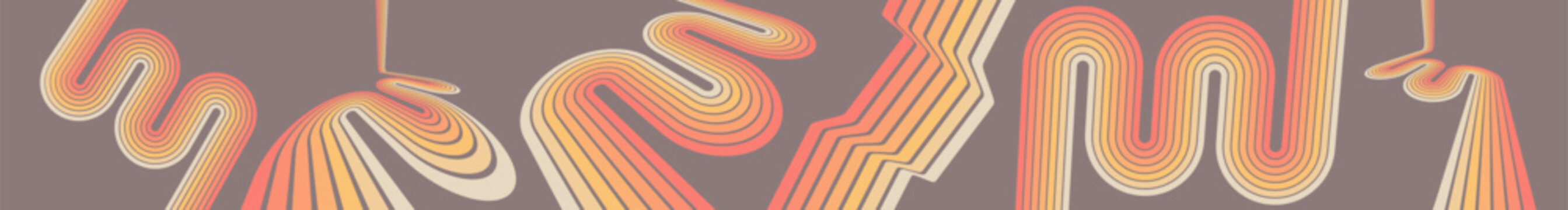 A retro 1970s-style background. Colorful lines. Abstract, dynamic curved ribbons. A serpentine curve of a race track. Designed for posters or banners for sports competitions. Vector illustration.